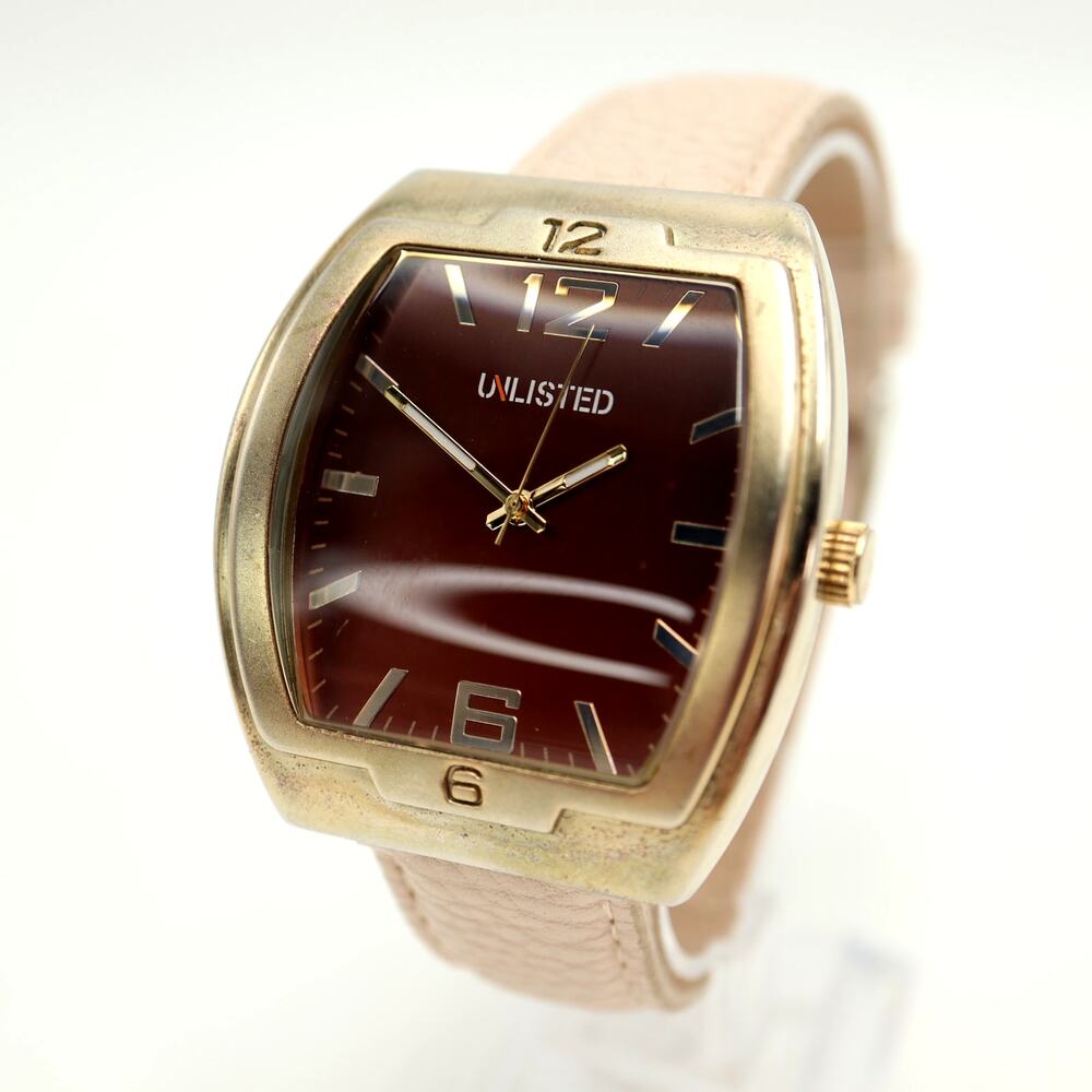 Unlisted Kenneth Cole Brown 42mm Barrel Watch Beige Faux Leather w New Battery